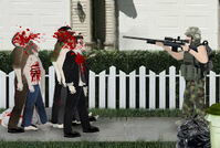 A survivor firing a scoped M24 at a group of zombies (note the multiple penetration)