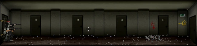 The fourth floor hallway; the entrance to the rooftop is at the left end (note reversed ordering of room numbers)