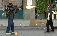 A survivor firing a Scoped SCAR-H at a zombie.
