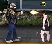 A survivor firing the Death Adder .45 (note massive damage and critical headshot)