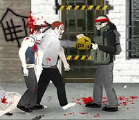 Dana chainsawing a couple of zombies