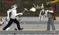 A survivor firing the UMP45 at a charging zombie