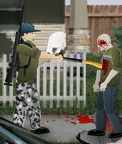 A survivor chopping up a zombie