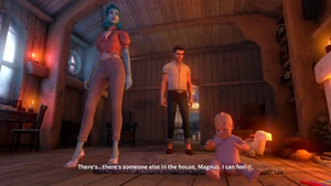 Etta, Magnus and baby Saga. Etta says "There's... there's someone else in the house, Magnus, I can feel it."