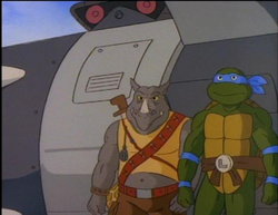 Rocksteady and Bebop (disguised as Leonardo) exiting Module in "Leonardo is Missing".