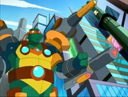 Mikey using the suit in battle.