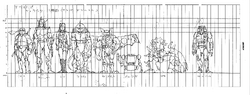 Concept artwork for the playable cast. The figure between Wingnut and War is labeled "Judge Robot", suggesting this character model was originally going to be used for a cut referee character.