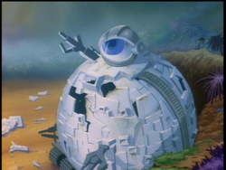 Badly damaged Technodrome in Four Turtles and a Baby.