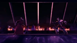 Hamato Yoshi/Splinter versus Oroku Saki/Shredder in the Foot Clan headquarters.