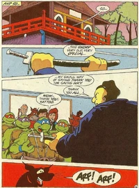 The Turtles and their friends receive a sword from Tai San inside his house.