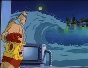 Krang watching tidal wave approaching Venice.