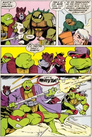 Future Donatello using his laser staff against the Gang of Four.