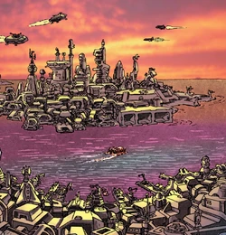 The city of Peblak as depicted in Teenage Mutant Ninja Turtles: Color Classics - Issue 5