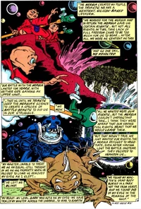 Scenes from the Mergian homeworld in the flashback scenes of the issue .