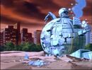 Broken down and severely damaged Technodrome in Shredderville