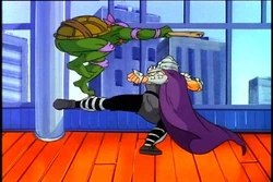 Donatello fighting Shredder inside Howie Hardy's apartment.