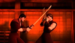 Hamato Yoshi battles Oroku Saki/Shredder in the dōjō.
