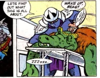 Shredder in his underground headquarters, encountering .