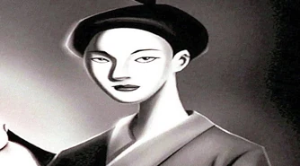 Tang Shen with traditional Japanese clothes in a old Photograph.