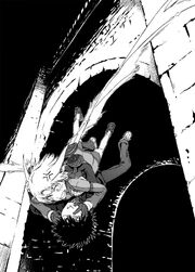 An irritated Floris jumps off a bridge with Kamijou Touma to escape the knights.
