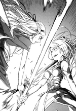 Durandal clashes with the sword formed from the Curtana Second shard.
