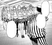 Amano with the rest of the Hasekura clique during the confrontation at Montgolfier's HQ.