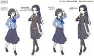 Kongou Mitsuko being used as a model for the Shidarezukara Academy Uniform (far right).