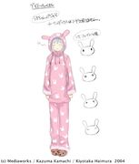 Character design wearing Komoe's pajamas by Kiyotaka Haimura for Volume 1