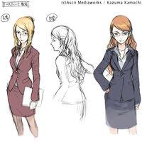 An early design of Therestina with blond hair, as well as a design similar to that of the final product. All by Haimura Kiyotaka.