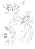 Concept art of dragon heads "Angel", "Demon", and "Strange-looking version 2".