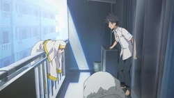 The fateful meeting of Touma and Index. Touma stumbles upon Index.