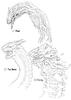 Concept art of dragon heads "Plant", "Two Horns", and "Energy".