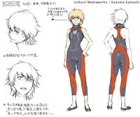 Full body look of the prototype character design by Haimura Kiyotaka, with details.