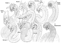Preliminary concept art of the dragon heads, with the rejected "Branch Horn", "Bull Horn", "Four Horned", "Strange-looking", and "Extraterrestrial" dragons prominent. Only the "Angel" and "Energy" dragons are missing from the group.