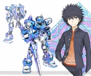 Kamijou Touma, as he appears in Toaru Majutsu no Virtual-On, with Temjin 707