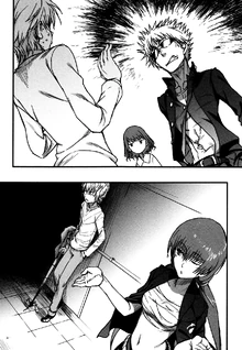 Unabara Mitsuki clarifies things with Tsuchimikado Motoharu about Xochitl while Accelerator and Awaki wait outside.
