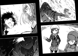 (clockwise, from top left) Kamijou Touma faces Fiamma of the Right; Stiyl against John's Pen Mode Index; Misaka Mikoto cooperates with Misaka 10777; and Mugino Shizuri appears.