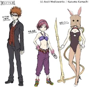 Ni r22.jpg (104 KB) New design for a disguised Tsuchimikado Motoharu (left), the rejected design for Fusou Ayame (center), and the Paper Bag Bunny Girl. design (right). New Testament Volume 7.