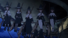 Witches stationed on ropes on the underside of the fortress.