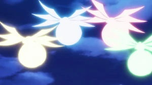 Angelene's power is in effect; pouches glow in the colors of the Four Elements float in mid-air.