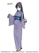 Design of Kanzaki Kaori wearing a flower patterned yukata by Haimura Kiyotaka for Volume 12.