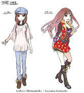 Diseño de personaje para Meigo Arisa y un concepto inicial para el traje de concierto realizado por Kiyotaka Haimura.