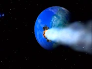 The Rapmaster Rocketship approaching Earth