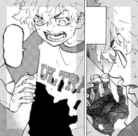 Takemichi visualizes blood on his shirt