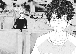 Mikey behind Takemichi (manga)