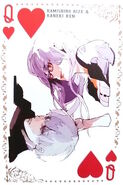 Ken Kaneki (white-haired) and Rize Kamishiro as the "Queen of Hearts" in the Tokyo Ghoul Trump deck.