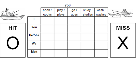 Battleships - SVO Practice Battleships is a great way to practice grammar structures and vocabulary. In this case, the target grammar is SVO.