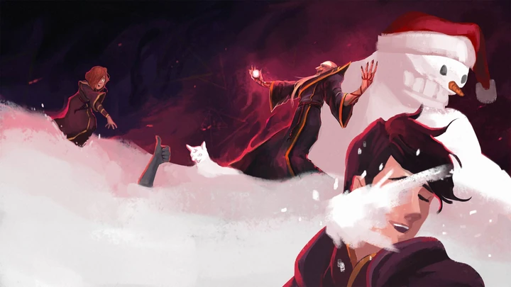 Snowcrest Promo Art: The Invoker (Left) throwing a snowball at The Apostle (Right), with The Cult Leader (Center) holding a snowball. Notice a cat hidden in the snow.