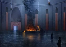 Il salone del tempio, al centro si può notare l'altare con il falò dove avvenivano i sacrifici