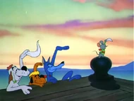 Topo and the three dogs wave goodbye to Tom and Jerry.